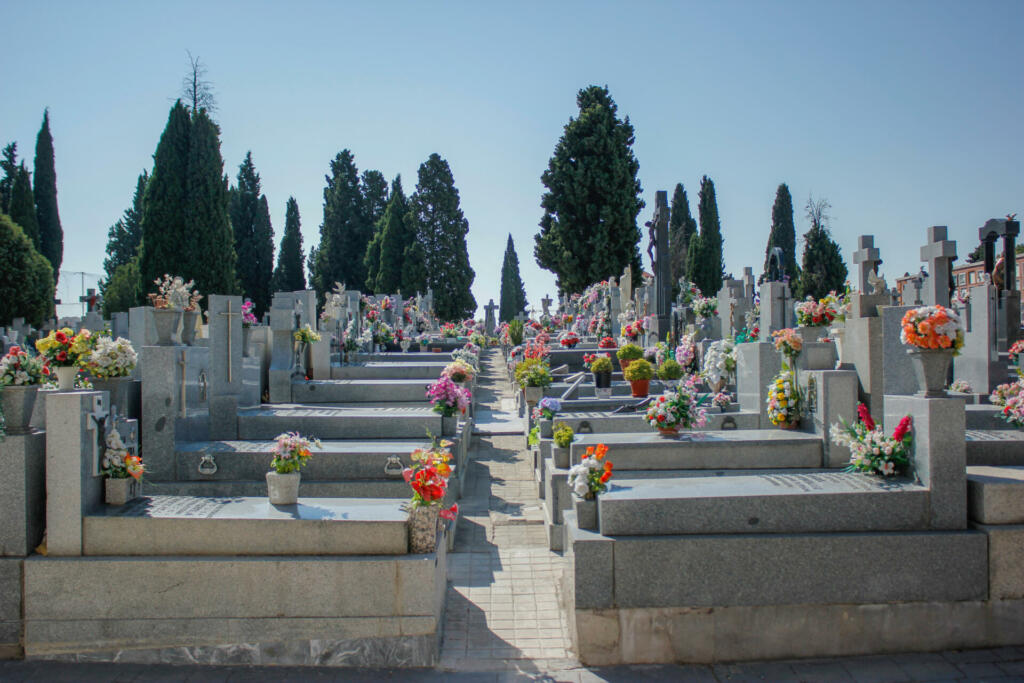 Tombs located in the Almudena Cemetery, a space of historical, religious and cultural interest in Madrid, Spain