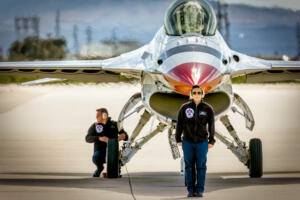 Tucson, Arizona, USA - March 24, 2023: The US Air Force Thunderbirds and their aircrew at the 2023 Thunder and Lightning Over Arizona airshow.