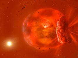 Ta ilustracija prikazuje posledice trka med dvema velikanskima eksoplanetoma. Kar ostane, je vroče, staljeno planetarno jedro in vrtinčast, žareč oblak prahu in ostankov.