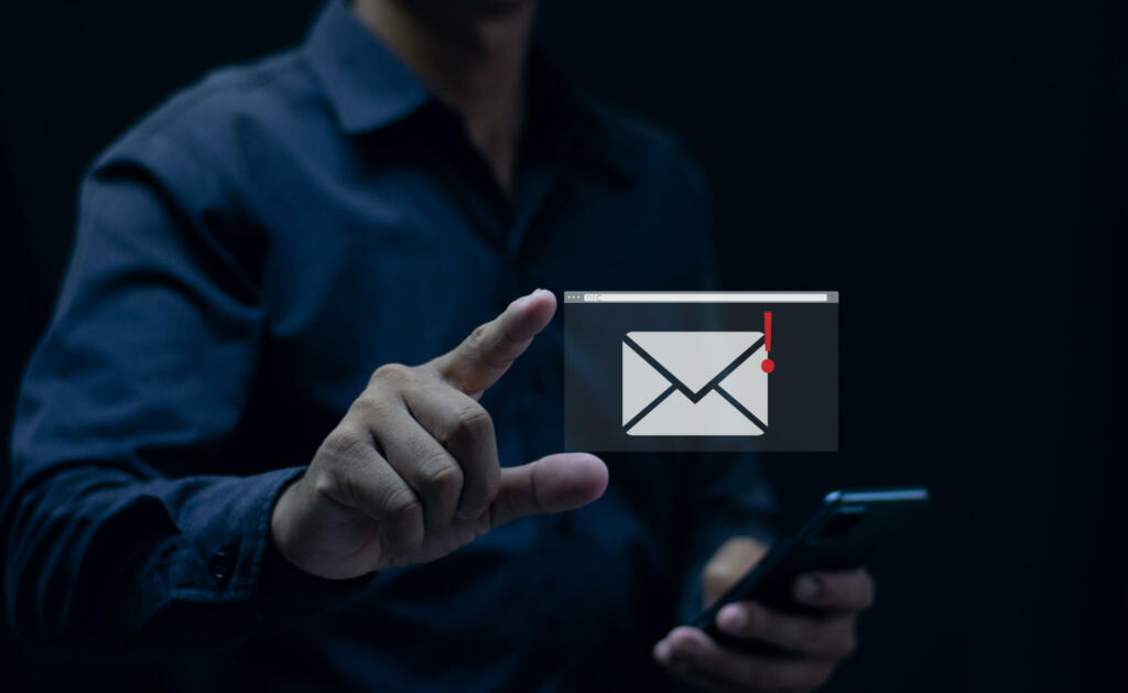 Hand pointing at mail icon, Gmail message notification concept, network security, mobile phone, smartphone