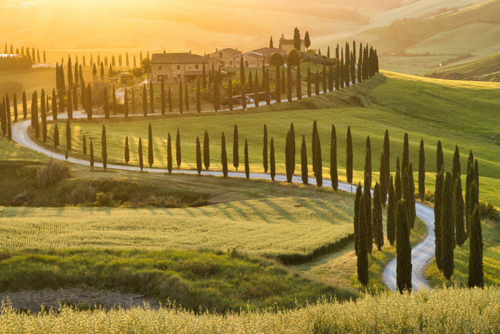 Landscape shot at sunset in the Crete Senesi (Senese Clays) near Siena in Tuscany (Italy)