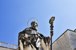 Montecassino Abbey -Italy -statue of St. Benedict against blue sky , Benedictine monastery