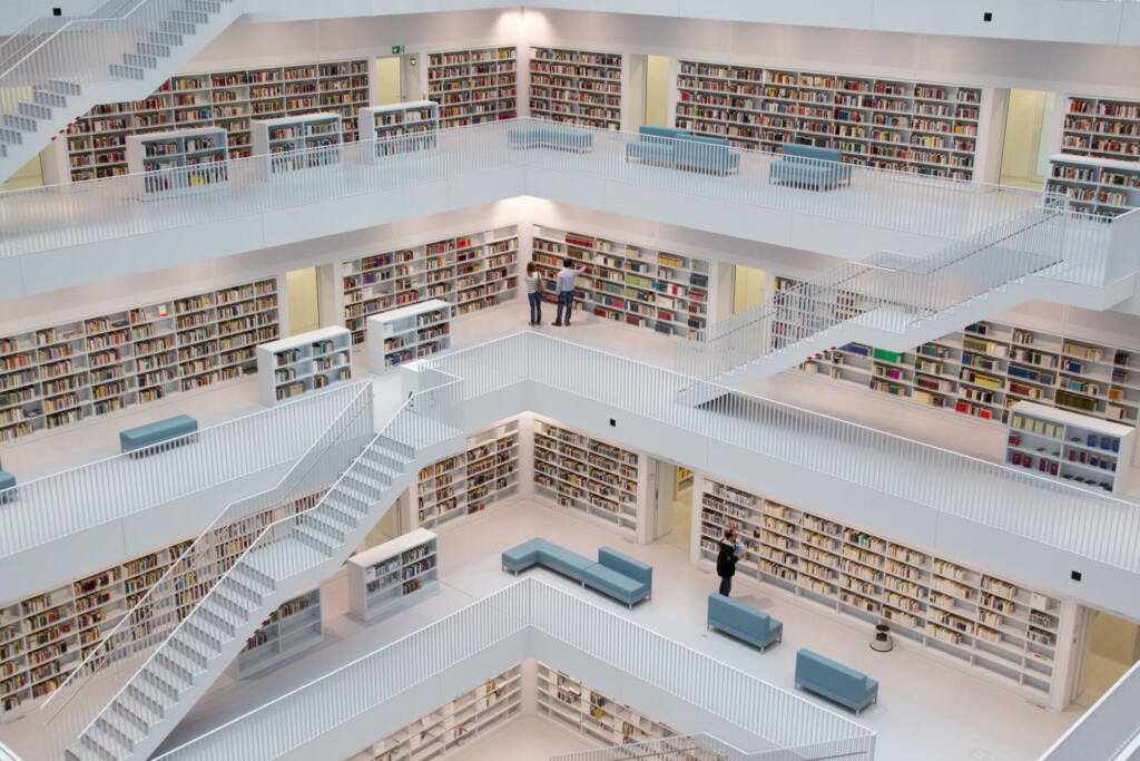 "Stuttgart, Germany-July 2, 2012: Inside the Stuttgart City Library in Stuttgart, Germany. The library, opened in October 2011, was designed by Yi Architects and has more than 500,000 books."