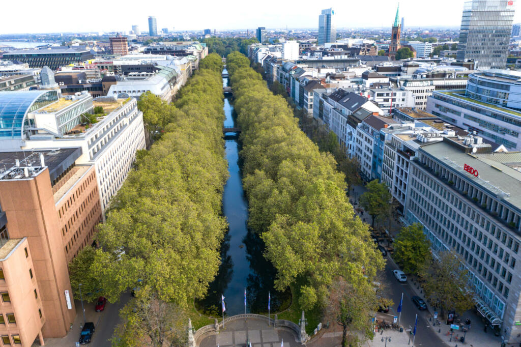 The luxury street Königsallee from a bird's eye view. Düsseldorf 2020.