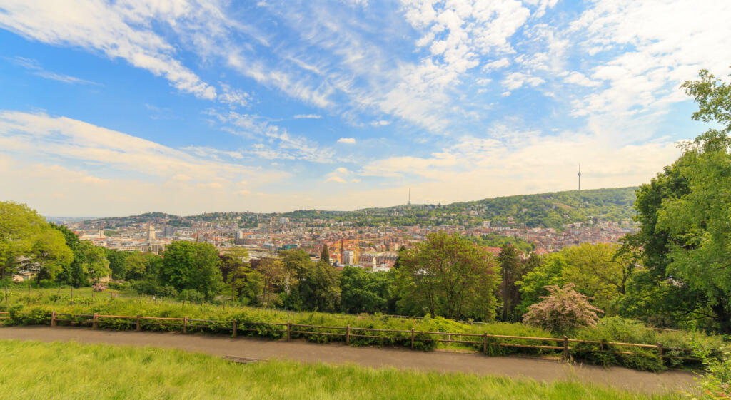 View from the Karlshoehe Park to the southern part of Stuttgart city with the TV Tower.