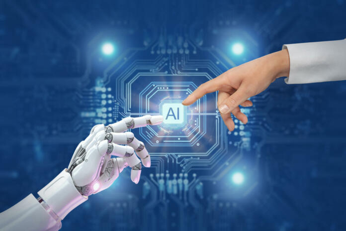 White cyborg robotic hand pointing his finger to human hand with stretched finger - ai artificial intelligence.