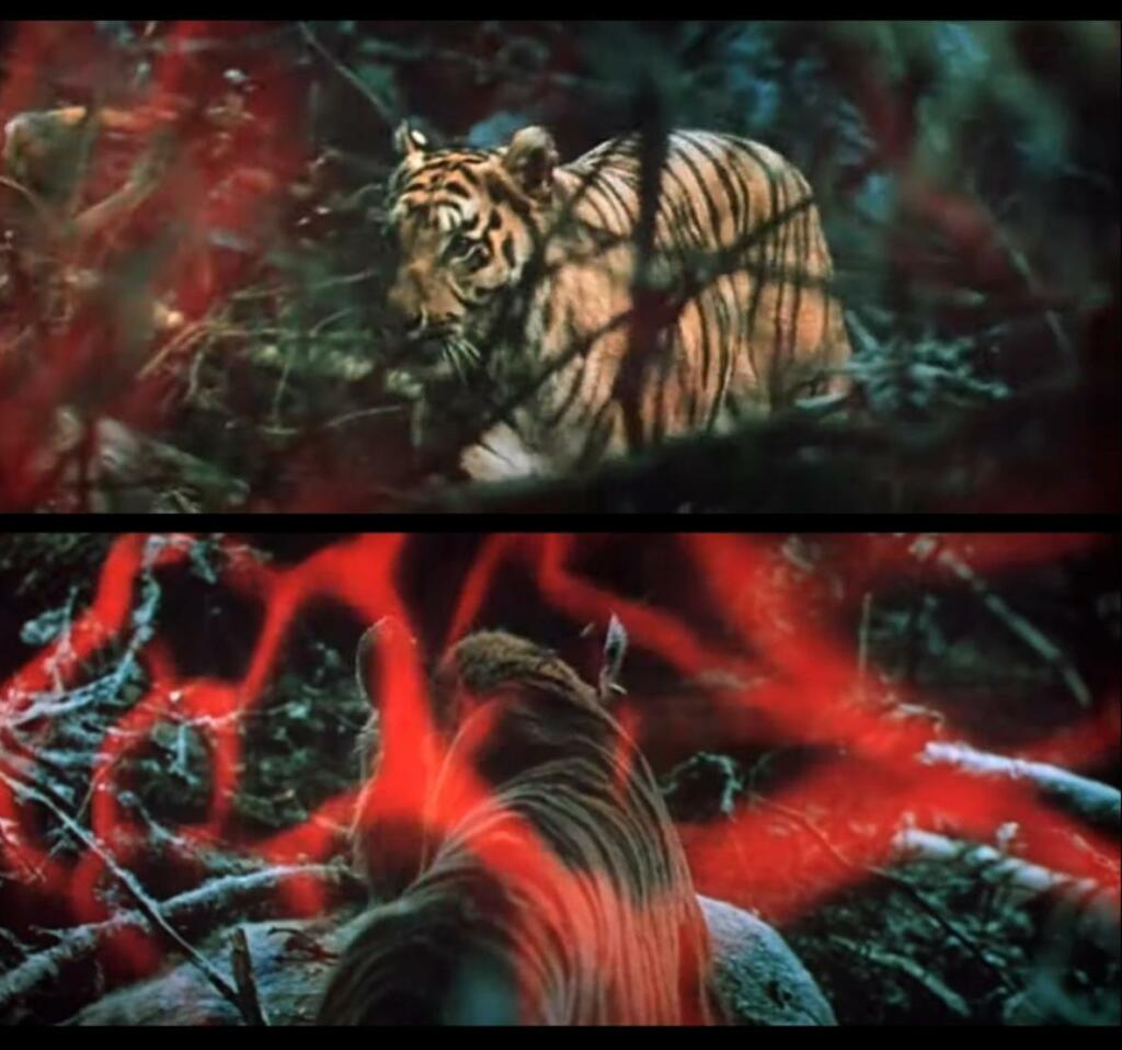 Scena Dersujeve metaforične smrti, z rdečim florescentnim efektom