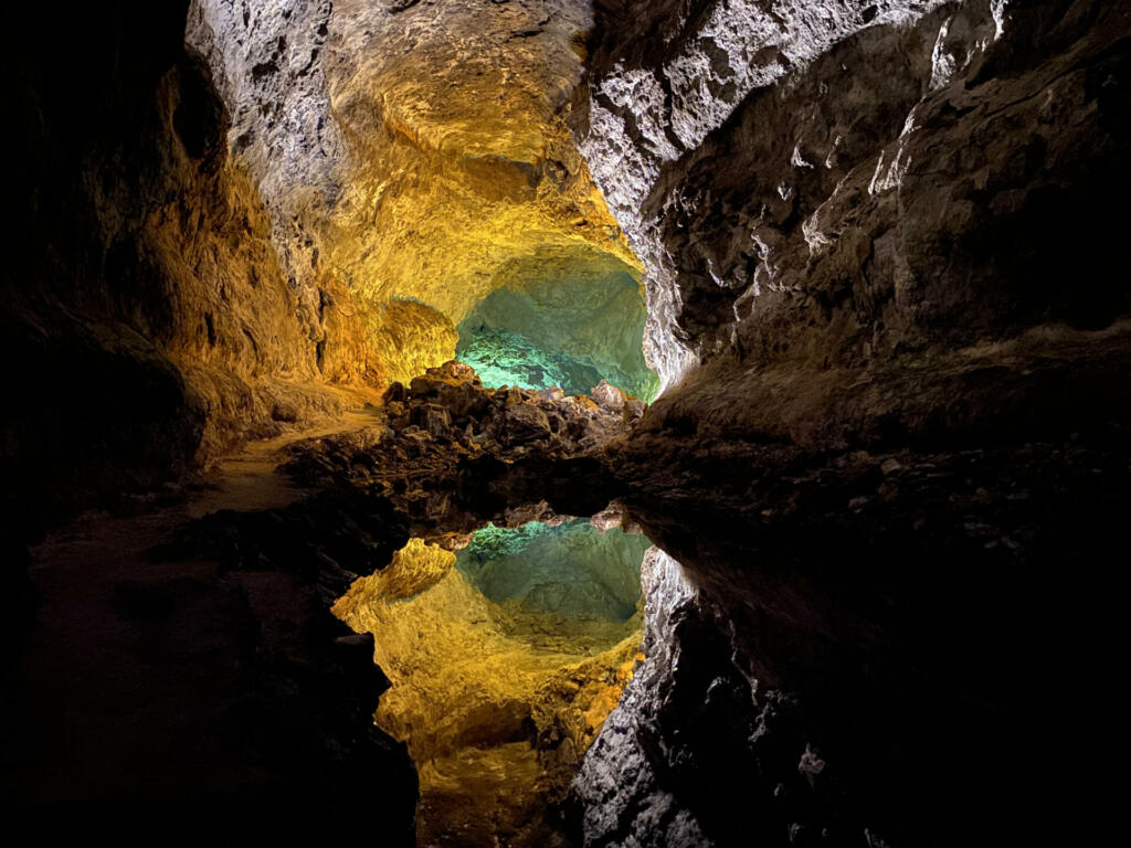 Amazing lava tunnel that fills with water from the rains and sea level. It is located in Lanzarote.