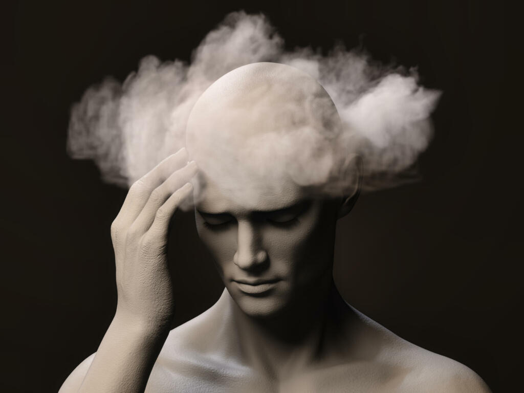 Brain fog. A male figure with his right hand on her temple and a pained expression on his face on a dark background. 3d illustration.