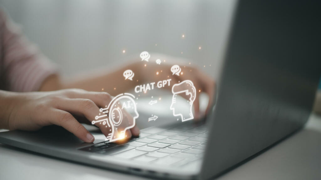 Chatbot Chat with AI, Artificial Intelligence. man using technology smart robot AI, artificial intelligence by enter command prompt for generates something, Futuristic technology transformation.