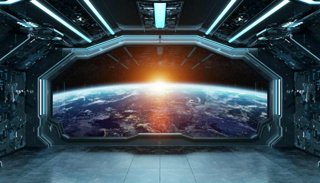 Dark blue spaceship futuristic interior with window view on planet Earth 3d rendering elements of this image furnished by NASA