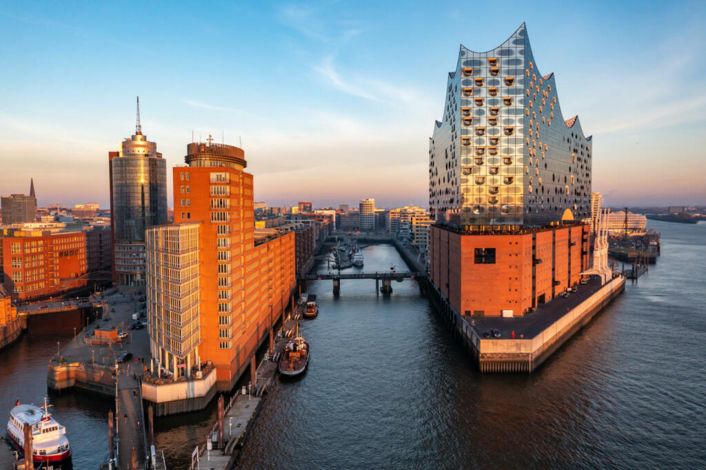 Hamburg, Germany – January, 12, 2019: Aerial view of the Sandtorhafen and the Elbphilharmonie in Hamburg's HafenCity