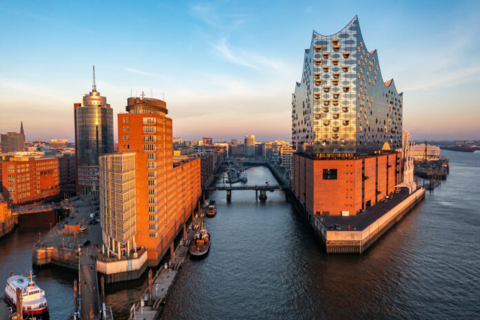 Hamburg, Germany –  January, 12,  2019: Aerial view of the Sandtorhafen and the Elbphilharmonie in Hamburg's HafenCity