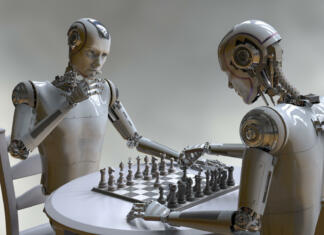 Znanstveniki doživeli prvo bitko umetnih inteligenc Humanoid robot playing chess, conceptual 3D illustration. Sicilian defence chess opening. Artificial intelligence, futuristic chess game. Chess computer training concept