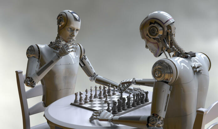 Humanoid robot playing chess, conceptual 3D illustration. Sicilian defence chess opening. Artificial intelligence, futuristic chess game. Chess computer training concept