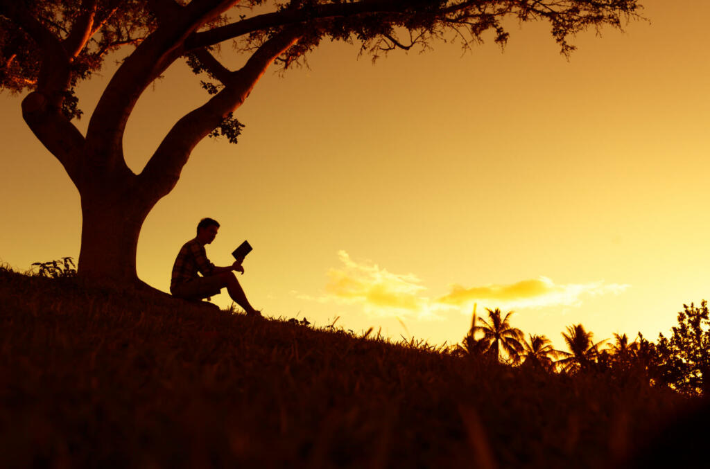 Men reading a book in the park.