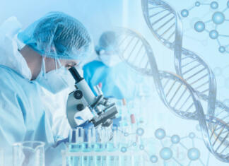 Slovenski raziskovalci v središču znanstvene pozornosti! research and developement concept background scientist or reseacher using microscope in biotechnology laboratory overlay with DNA strand and molecules symbol. concept of DNA engineering