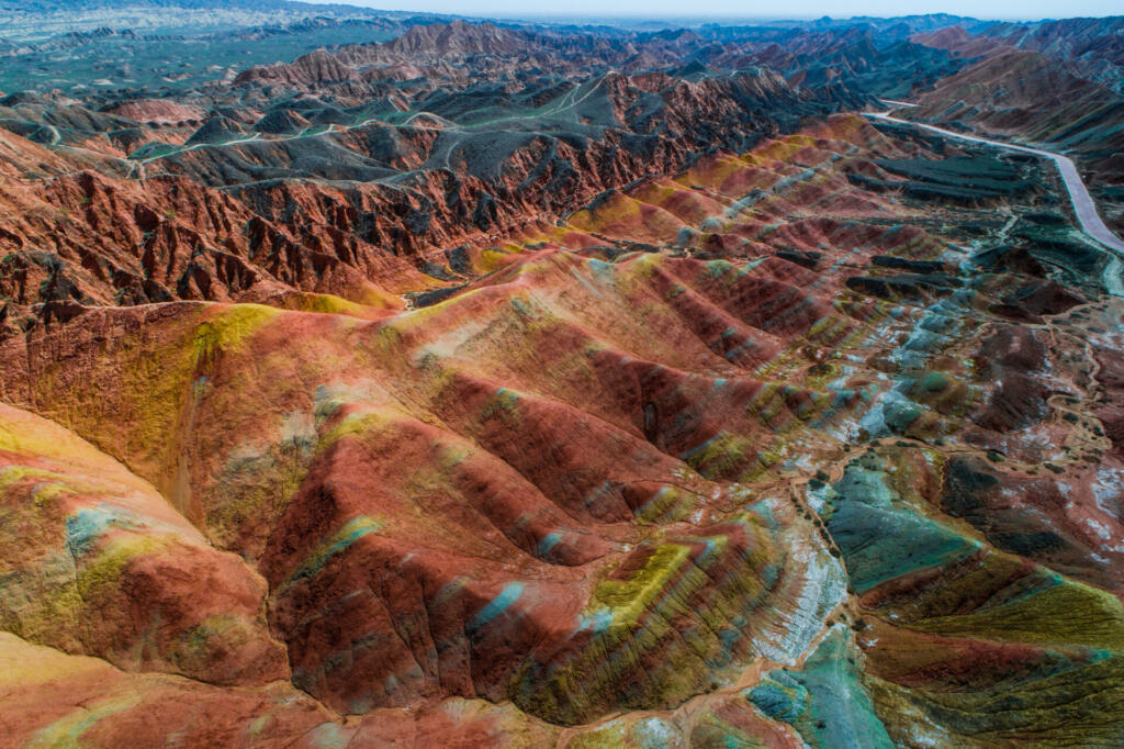 Aerial view on the colorful rainbow mountains of Zhangye danxia landform geological park in Gansu province, China, May 2017