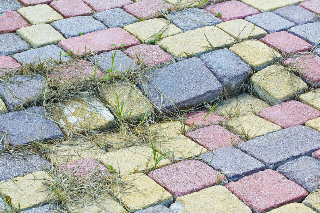 Damaged concrete self locking flooring blocks assembled on a substrate of sand - type of flooring permeable to rain water damaged due to the subsidence of the underlying layer of sand