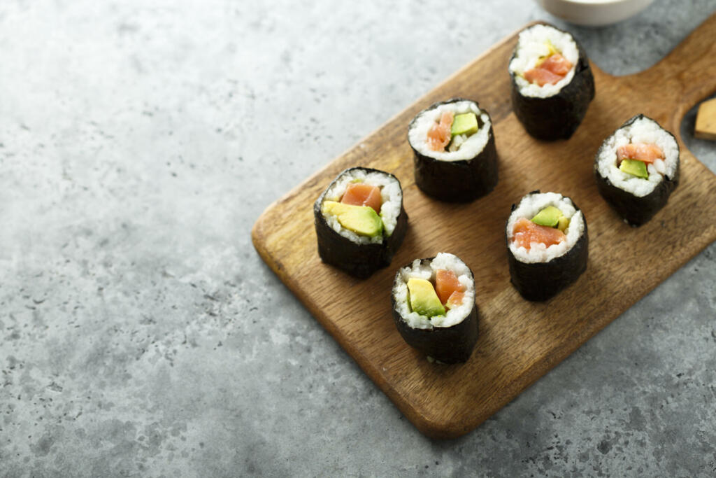 Homemade salmon avocado sushi rolls