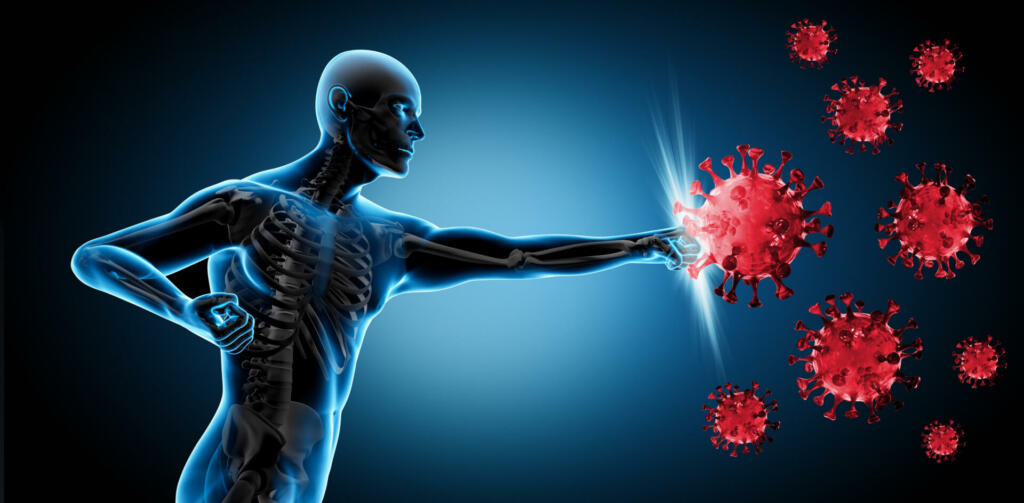 Rendering of man fighting Covid-19 virus with dark backgound - 3D illustration