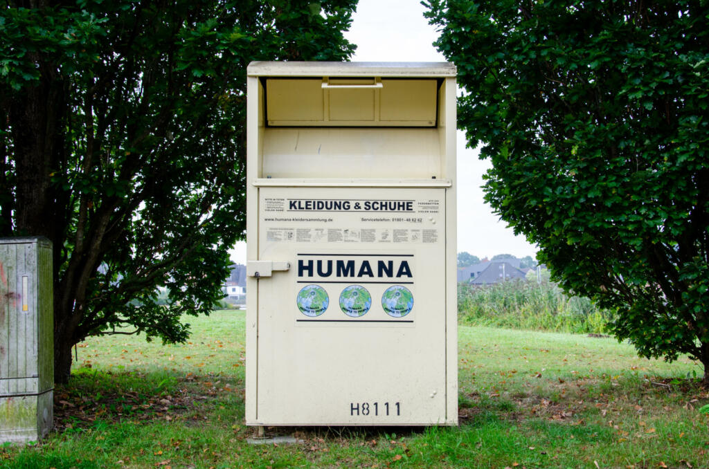 Schleswig, Germany - September 07, 2021: Humana container for clothing and shoes