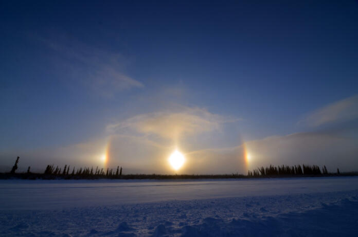 Sundog on the ice road on the arctic ocean