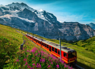 Top 10 Švica: najlepše destinacije alpske idile Fantastic cogwheel railway with electric red tourist train. Snowy Jungfrau mountains with glaciers, flowery fields and red passenger train, Kleine Scheidegg, Grindelwald, Bernese Oberland, Switzerland, Europe