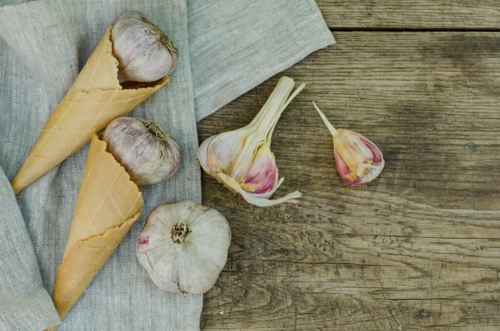 Garlic bulbs in sugar cones on a rustic wooden background