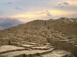 Lima, Peru, November 21, 2021: View of the Huaca Pucllana - the ruins of a pyramid and sacrificial altar of the Warri culture, estimated to date from around 500 BC. Huaca Pucllana located in the Miraflores district of Lima is built from seven staggered platforms.