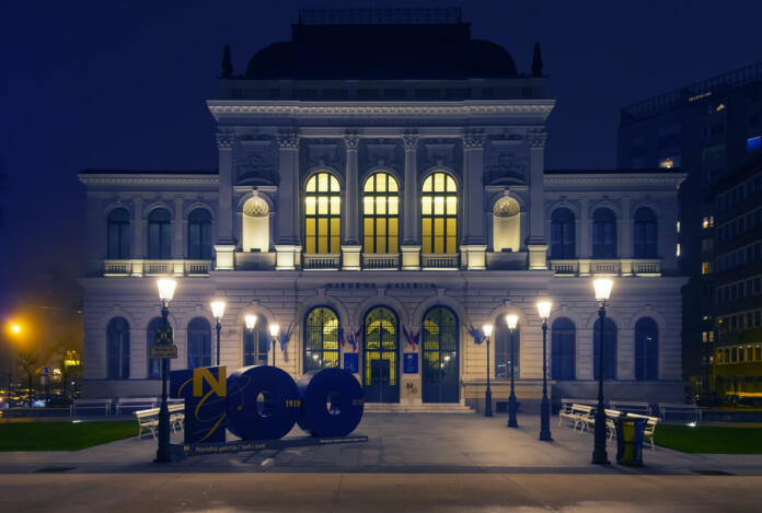 Ljubljana, Slovenia - December 29, 2017: Facade of Slovenian National Gallery on 100th anniversary. Building of National Gallery of Slovenia with 100th anniversary sign in front. Narodna galerija