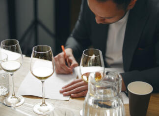 Nemški vinarski inšpektorji obiskali našo vinsko deželo, kaj so ugotovili? Sommelier makes notes on the tasting card. Blind tasting of wine, close up. Winemaking training school