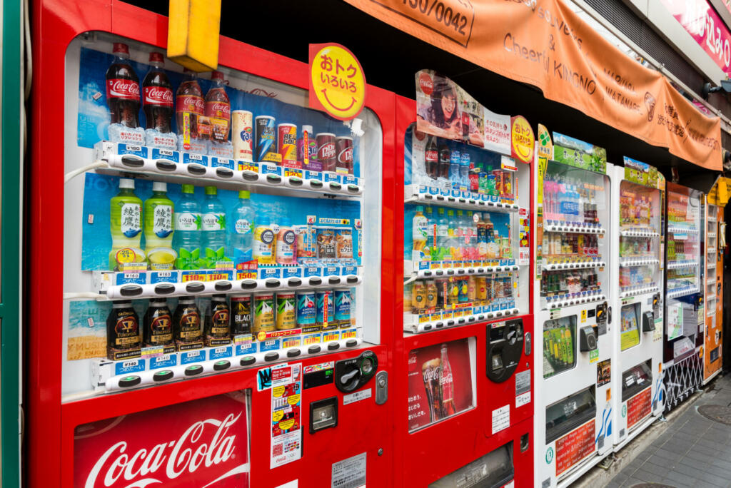 TOKYO, JAPAN - MAY 29, 2016: Vending machines in Tokyo, Japan. Japan is famous for its vending machines, with more than 5.5 million machines nationwide.