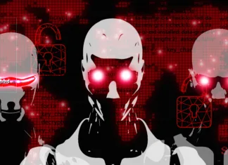 Temna plat umetne inteligence: Lažna empatija, spodbujanje sovraštva, rasizem in diskriminacija AI is a threat to humans. Artificial Intelligence, godlike, has the potential to destroy the human race and extinction risk. Robots with red eyes look at you on a red world map background.