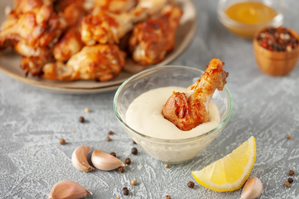 Alabama white BBQ sauce in bowl antd ingredient for dip on grey background.
