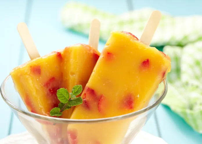 Orange-Mango-Peach Ice Cream with Strawberry