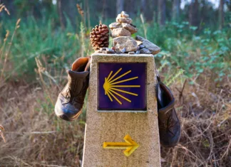 Poti v Santiago: Ste vedeli, da je romarskih poti v Santiago več? Hiking boots and stone on the stone signal, Symbol of the way of St. James