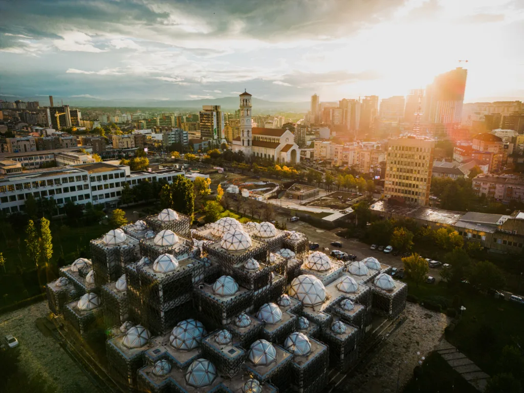 Pristina, Kosovo - September 29, 2022: National Public Library in Pristina. Pristina City Aerial View, Capital of Kosovo. Balkans. Europe.