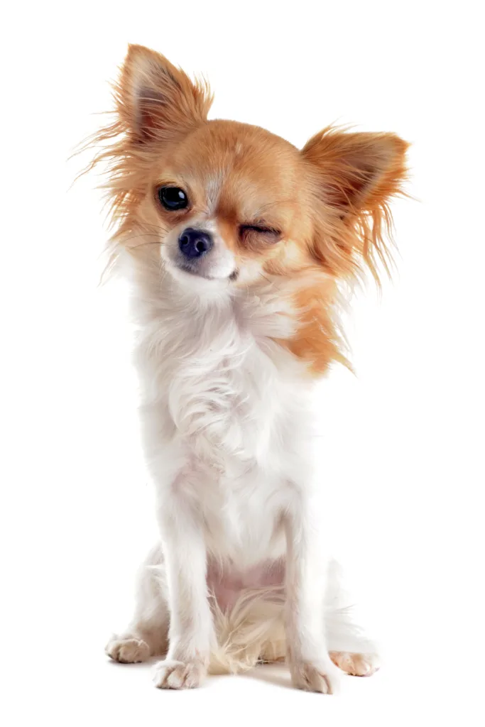 wink of purebred puppy chihuahua in front of white background