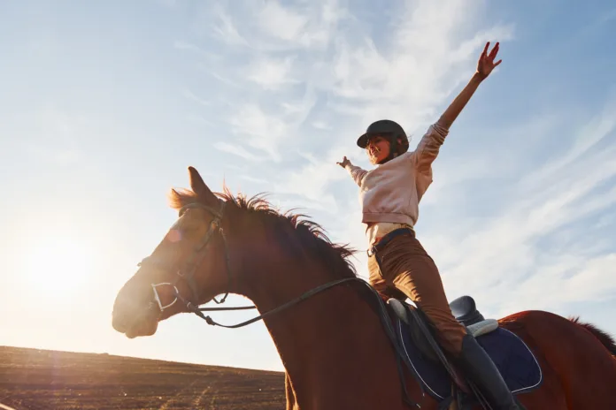 Young woman in protective hat with her horse in agriculture field at sunny daytime.
