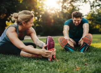 Ta preprost korak ti lahko podaljša življenje in znanost to potrjuje Happy young man and woman stretching in the park. Smiling caucasian couple exercising in morning.