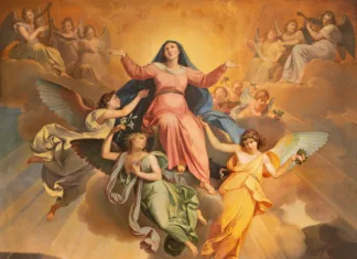 Marijino vnebovzetje; kaj in zakaj praznujemo? Riva del Garda - The part of the painting Assumption in church Chiesa di Santa Maria Assunta by Giuseppe Craffonara (1830).