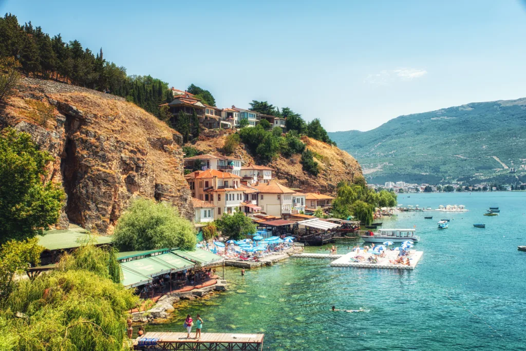 Waterfront and boats moored in Ohrid harbour on Lake Ohrid, Ohrid, Macedonia