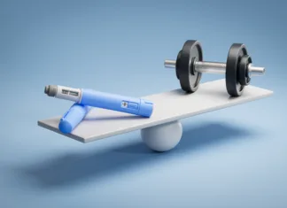 Kaj je Ozempic in zakaj vam ne bo pomagal shujšati Two dosing pens of a fictitious semaglutide drug (GLP-1) on a scale facing a dumbbell. Concept for alternative ways to loose weight.