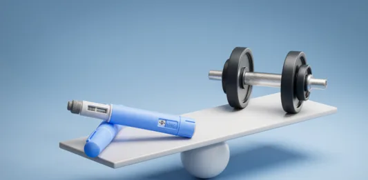 Two dosing pens of a fictitious semaglutide drug (GLP-1) on a scale facing a dumbbell. Concept for alternative ways to loose weight.