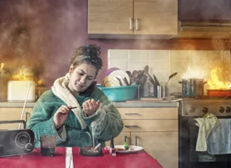 Ta gospodinjski aparat ubije skoraj 40 tisoč Evropejcev letno Careless girl talking on phone and makinger her nails while the kitchen is on fire.