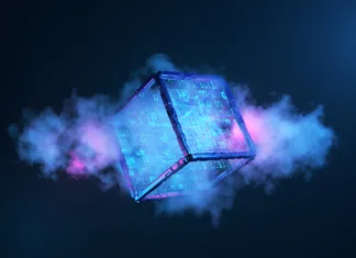 Razvit material, ki bi lahko spremenil energetske sisteme in naprave concept of cloud technologies. artificial intelligence. Blockchain technologies. Big data. Cube with binary numbers in the cloud. 3d render.