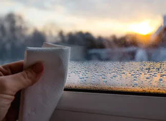 Kako znižati vlago v stanovanju? Close up view of person hand using paper cloth, drying wet condensation drops from glass window in cold winter morning at sunrise.
