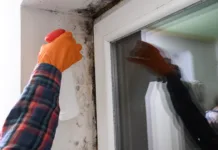 Mikotoksini: Kaj so in kako vplivajo na naše zdravje? Mold and fungus on a plastic window, a woman removes mold on a window, a woman sprays chemicals on a window from mold, rubber gloves and minimal protective equipment.