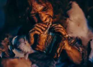 Jed, ki jo Slovenci radi jemo, so jedli že v neolitiku Close-up Portrait of Tribe Leader Wearing Animal Skin Eating in a Dark Scary Cave at Night. Neanderthal or Homo Sapiens Family Cooking Animal Meat over Bonfire and then Eating it.